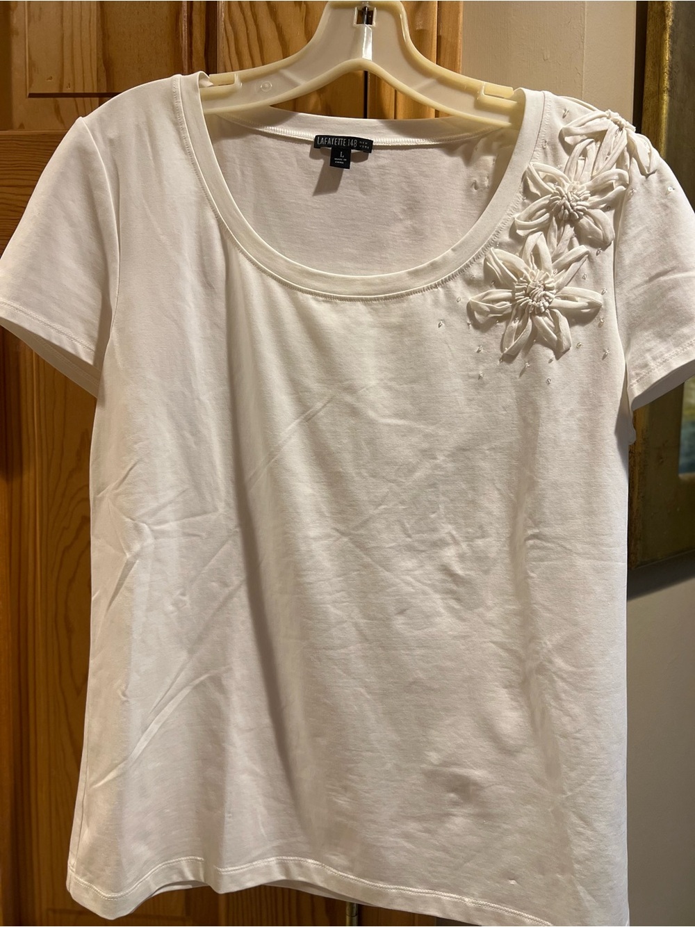 Lafayette 148 New York White Short-Sleeve Floral Appliqué Tee Large NEW